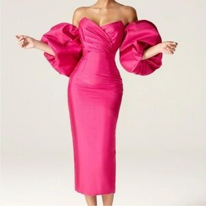 Alieva Tiffany Dupioni Puff Sleeve Strapless Maxi Dress Pink Sweetheart XS NWT